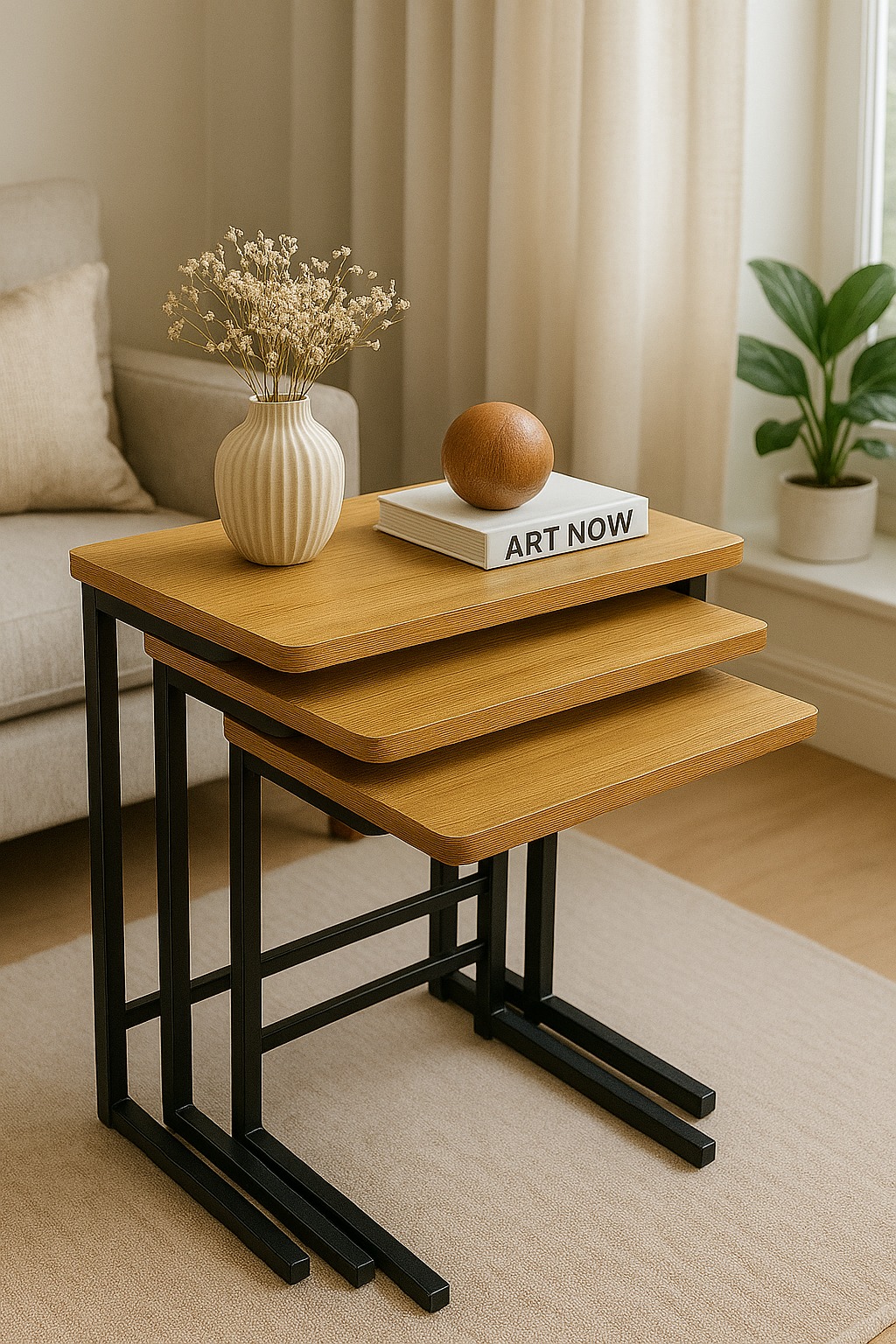 DIKDÖRTGEN 3LÜ ZIGON SEHPA – SIYAH METAL AYAKLI