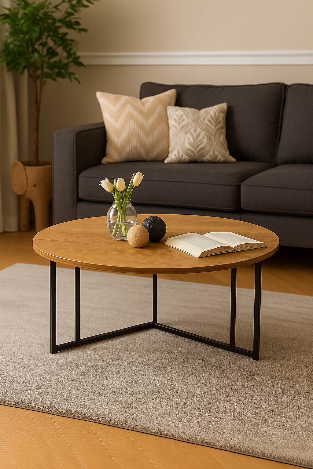 Yıldız Yuvarlak Orta Sehpa – Çam / Siyah Metal Ayak